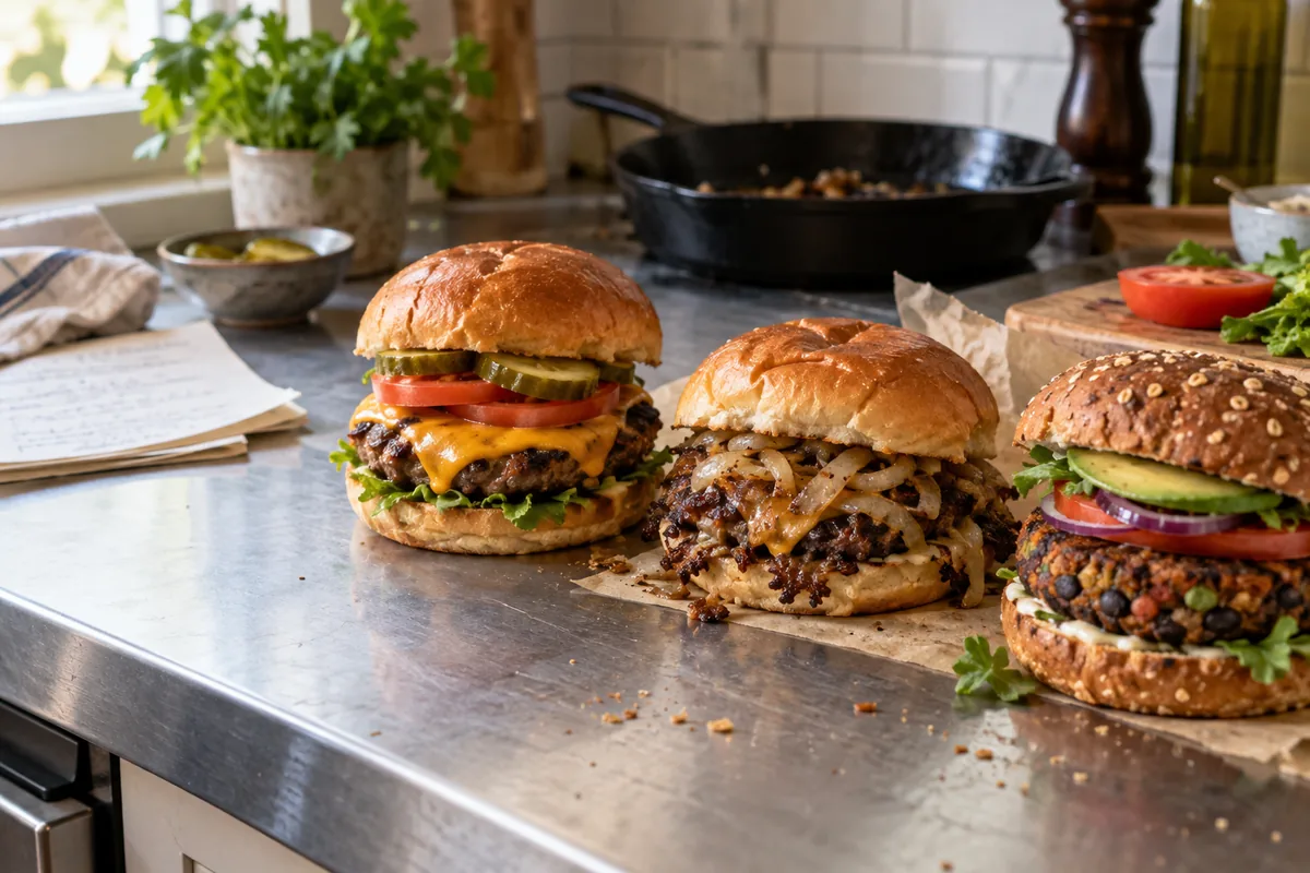 Three home-cooked burgers on a stainless-steel counter: classic, onion smash, and black bean.